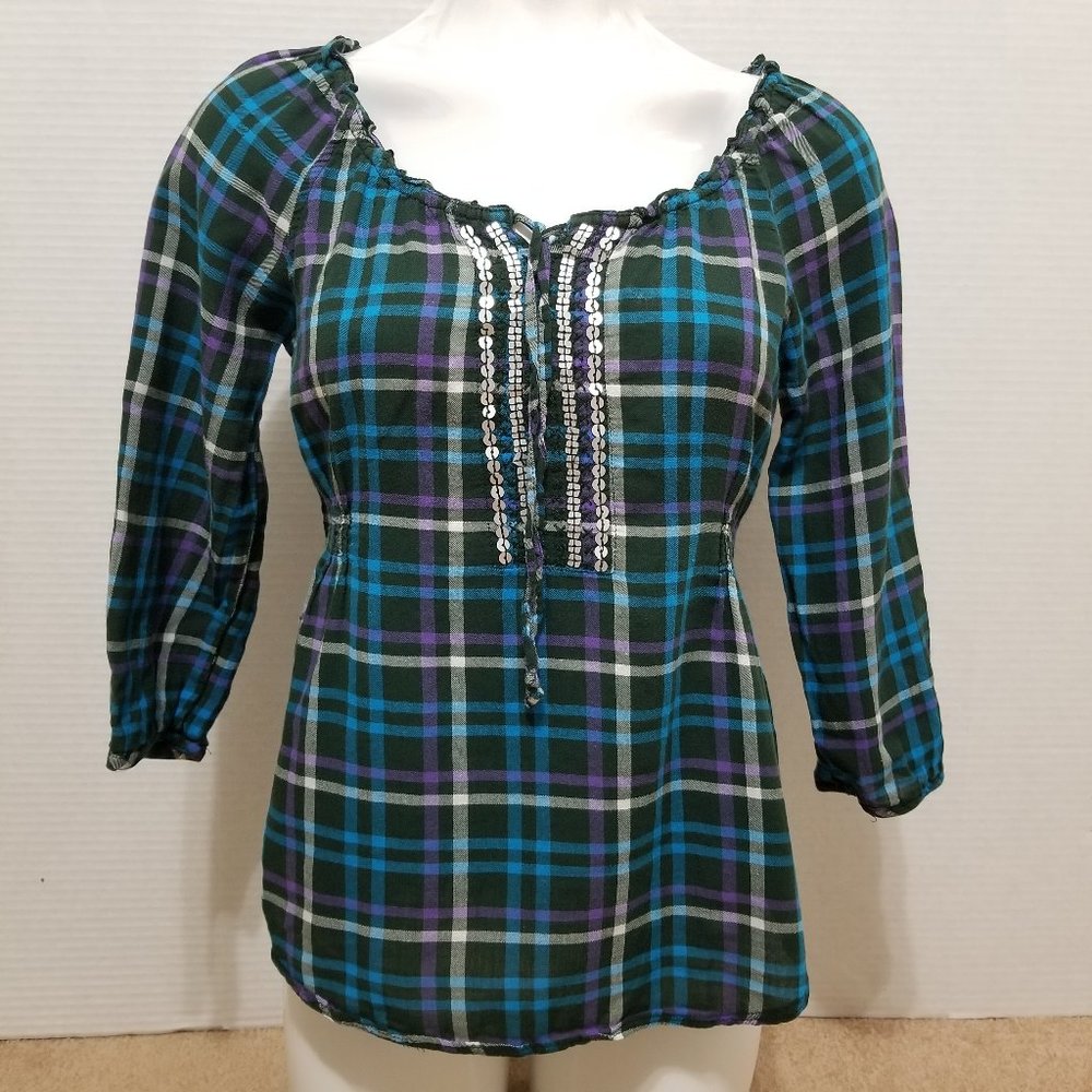 Aeropostale top Medium plaid 3/4 sleeve sequined peasant tie neck smocked side